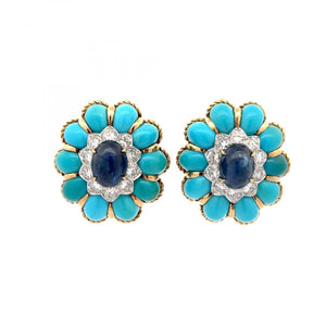 Vintage 1960s Turquoise and Sapphire Button Earrings