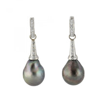 Load image into Gallery viewer, Vintage 18K White Gold Baroque Tahitian Pearl &amp; Diamond Drop Earrings
