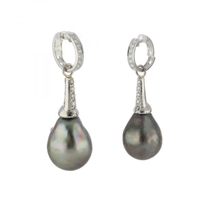 Vintage 18K White Gold Baroque Tahitian Pearl & Diamond Drop Earrings