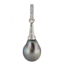 Load image into Gallery viewer, Vintage 18K White Gold Baroque Tahitian Pearl &amp; Diamond Drop Earrings
