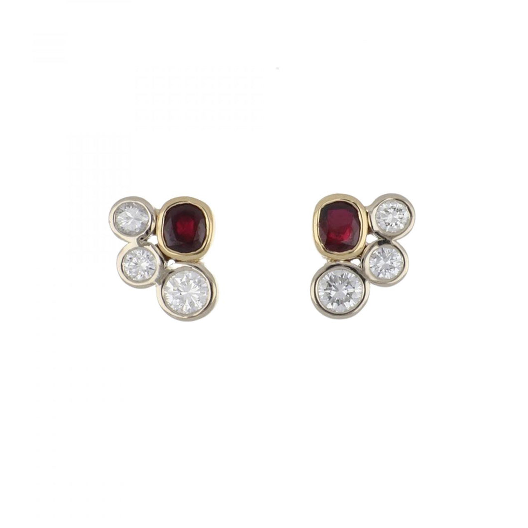 18K Gold Two-Tone Ruby and Diamond Cluster Earrings