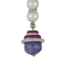Load image into Gallery viewer, Hanut Singh 18K White Gold Pearl, Tanzanite, and Ruby Drop Earrings
