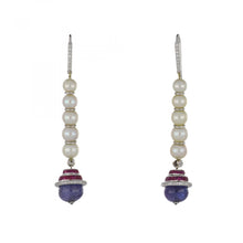 Load image into Gallery viewer, Hanut Singh 18K White Gold Pearl, Tanzanite, and Ruby Drop Earrings
