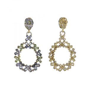 18K Gold Sapphire and Diamond Openwork Trellis Circular Drop Earrings