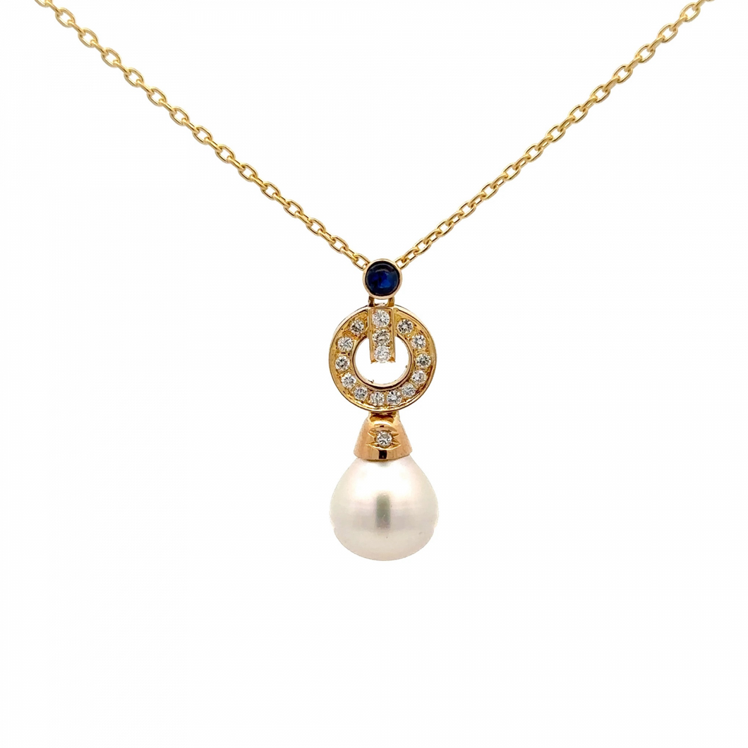 18K Gold Sapphire and Baroque South Sea Pearl Drop Necklace