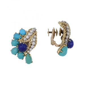 Mid-Century 18K Gold Turquoise and Lapis Earrings