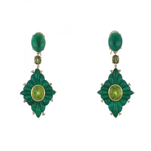 18K Gold Green Agate and Tourmaline Drop Earrings
