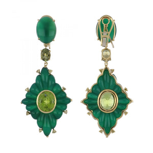 18K Gold Green Agate and Tourmaline Drop Earrings