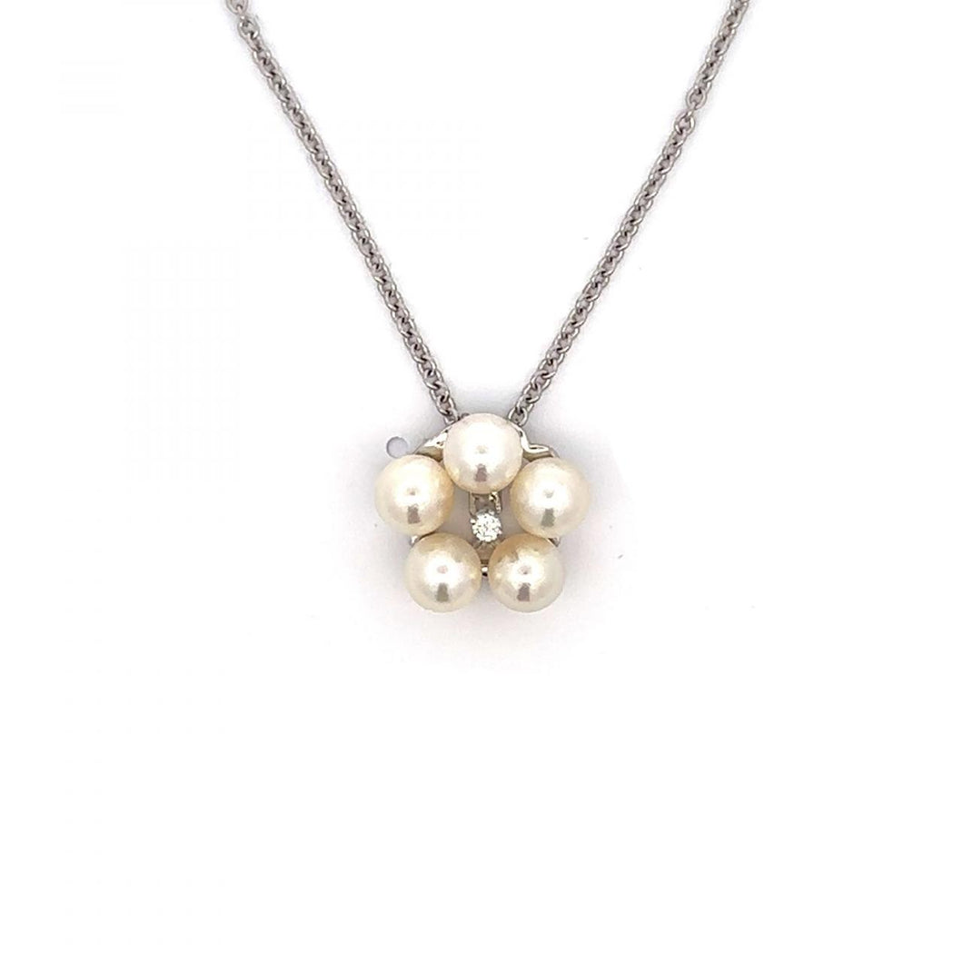 14K White Gold Pearl and Diamond Cluster Pendant Necklace