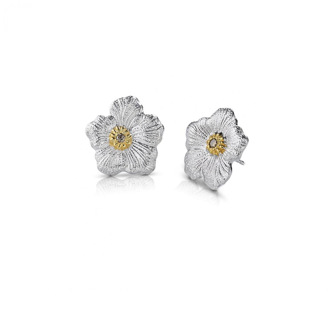 Buccellati Sterling Silver Gardenia Stud Earrings with Brown Diamonds