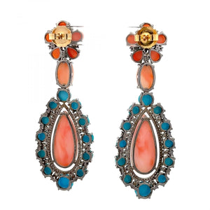 Maharaja Sterling Silver Turquoise and Coral Drop Earrings