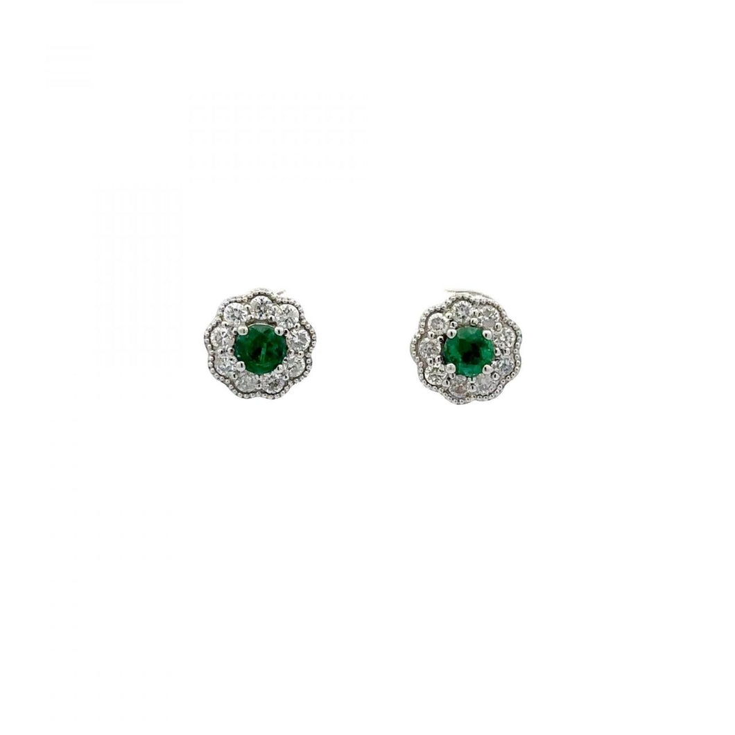 Maharaja 14K White Gold Emerald and DIamond Stud Earrings