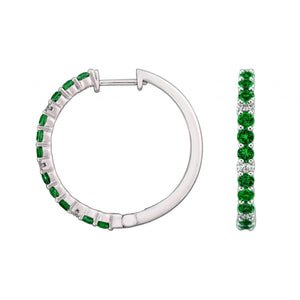 18K White Gold Emerald and Diamond Hoop Earrings