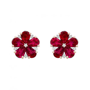 18K White Gold Ruby and Diamond Flower Earrings