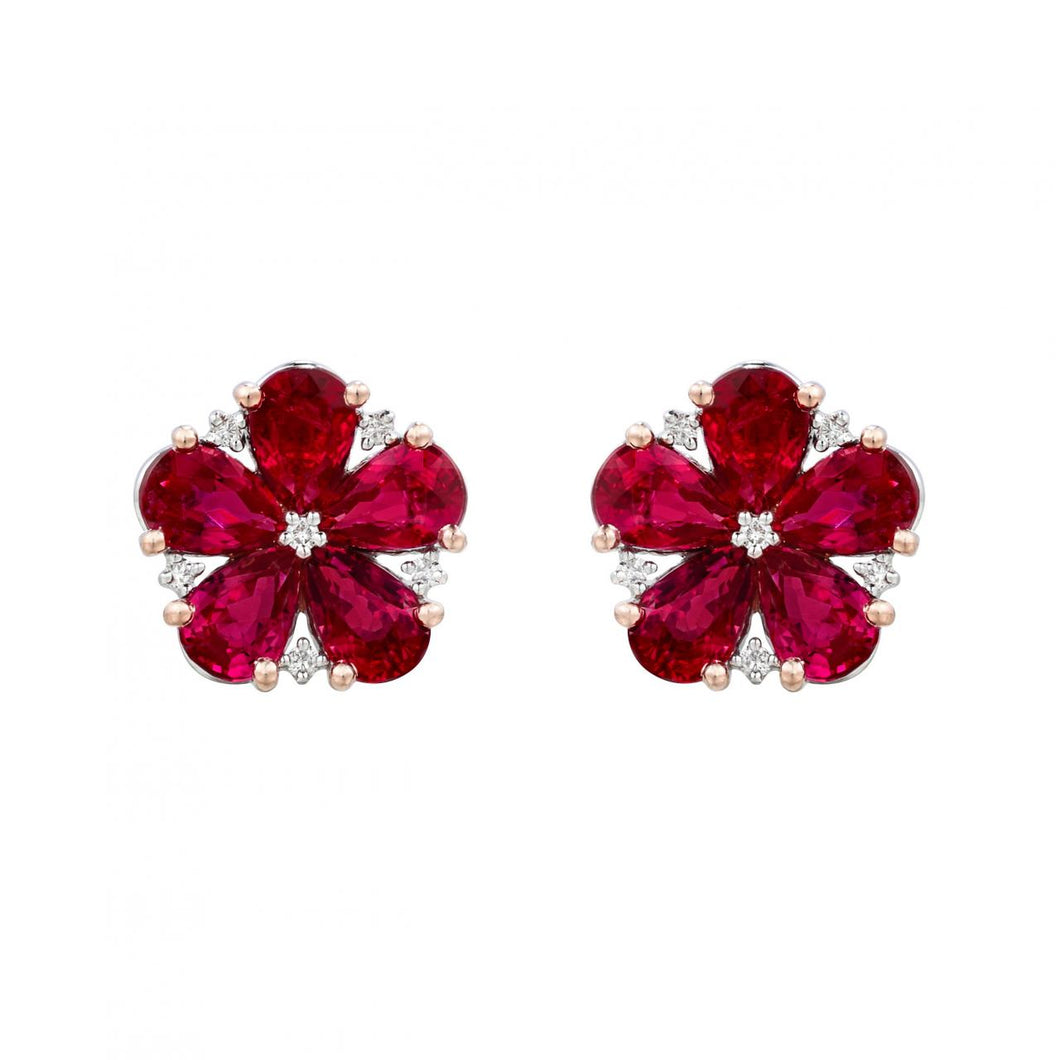 18K White Gold Ruby and Diamond Flower Earrings