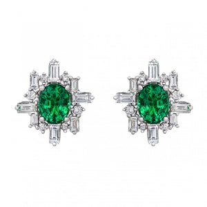 18K White Gold Emerald and Diamond Stud Earrings
