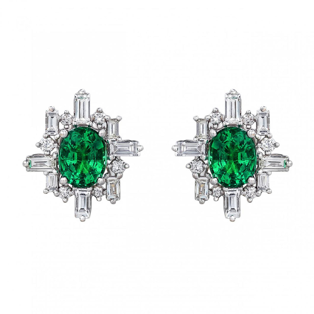 18K White Gold Emerald and Diamond Stud Earrings