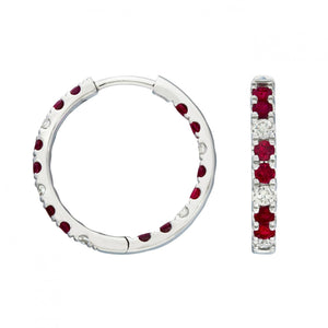 14K White Gold Ruby and Diamond Inside Out Hoop Earrings
