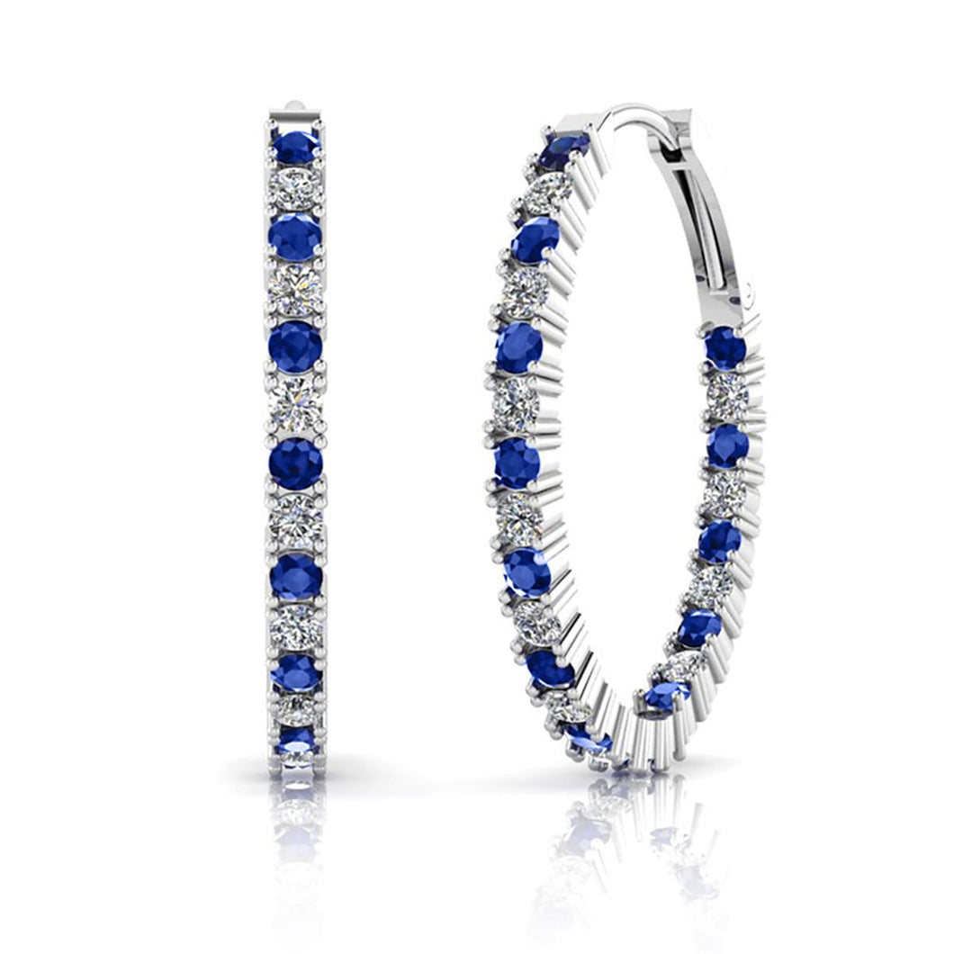 14K White Gold Sapphire and Diamond Hoop Earrings