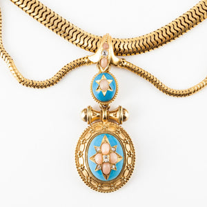 Victorian 18K Gold Enamel Coral and Diamond Swag Necklace