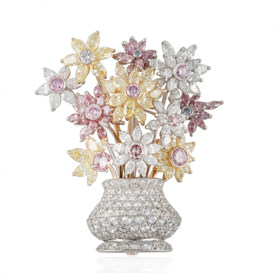 Estate Platinum Colored Diamond Flower Brooch