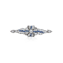 Load image into Gallery viewer, Art Deco Platinum Diamond and Synthetic Sapphire Bow Bar Pin
