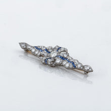 Load image into Gallery viewer, Art Deco Platinum Diamond and Synthetic Sapphire Bow Bar Pin
