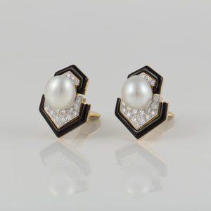 Estate David Webb 18K Gold Cultured Pearl and Diamond Earrings