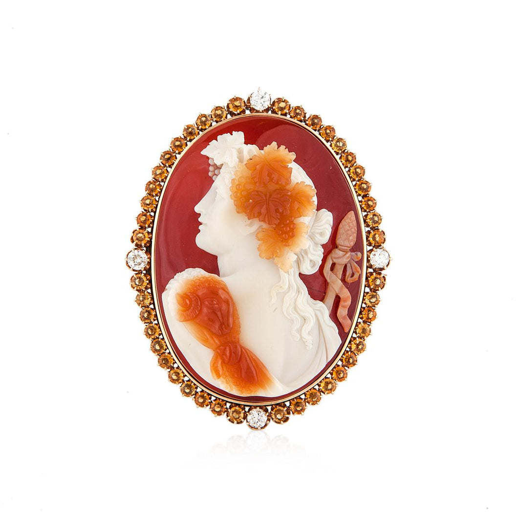 Victorian 14K Gold Hardstone Bacchus Cameo With Citrines and Diamonds