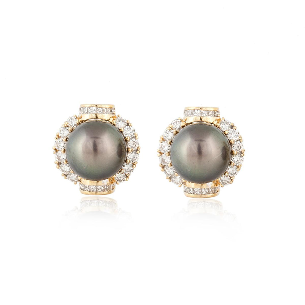 18K Gold Cultured Tahitian Pearl and Diamond Earrings
