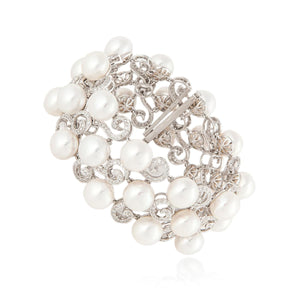 18K White Gold Cultured Pearl and Diamond Bracelet