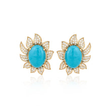 Load image into Gallery viewer, 18K Gold Turquoise and Diamond Flower Earrings
