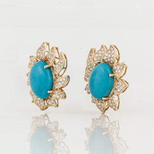 18K Gold Turquoise and Diamond Flower Earrings