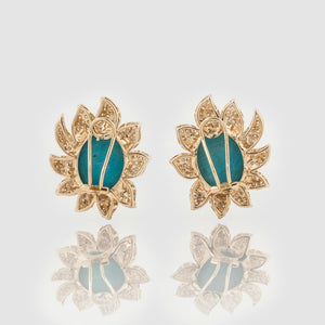 18K Gold Turquoise and Diamond Flower Earrings