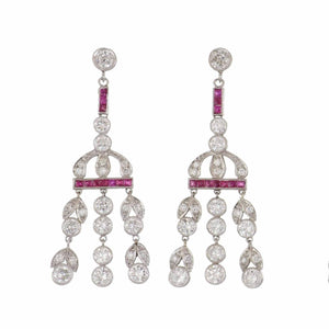 Antique -Style Platinum Diamond and Ruby Dangle Earrings