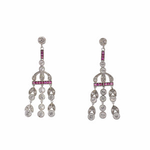 Antique -Style Platinum Diamond and Ruby Dangle Earrings
