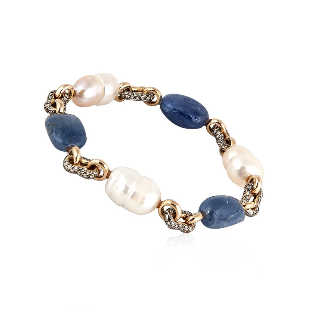 18K Gold Cultured Baroque Pearl and Sapphire Bracelet