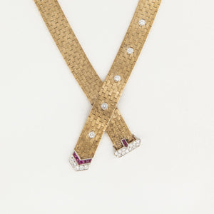 Retro 14K Gold Diamond and Ruby Buckle Necklace