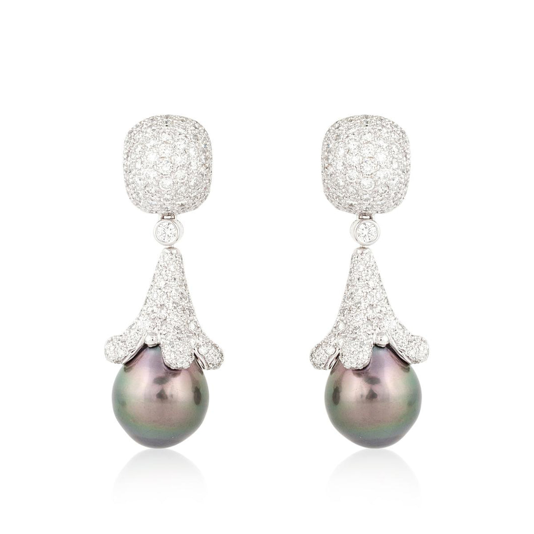 Estate 18K White Gold Cultured South Sea Pearl and Diamond Dangle Earrings