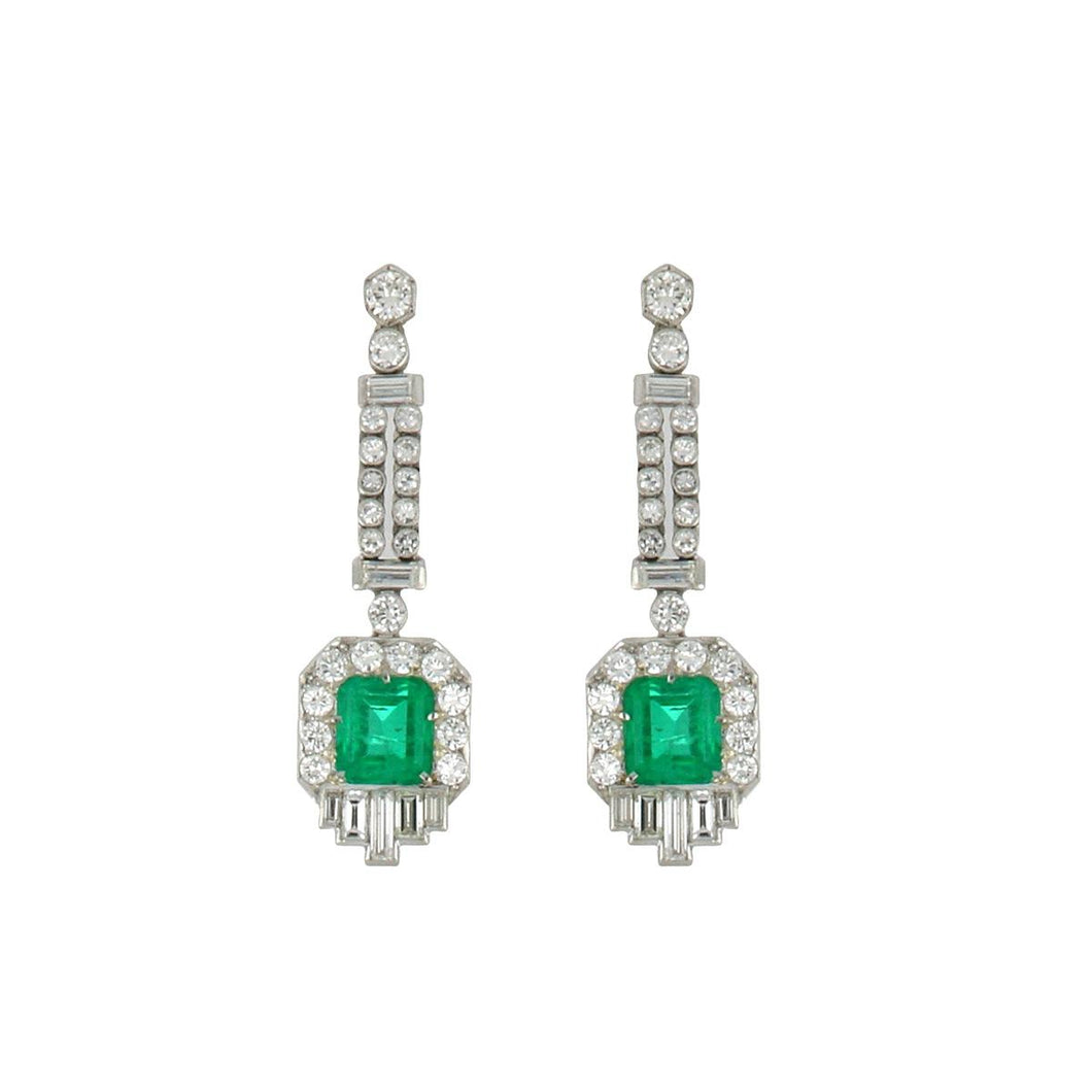 Important Mid-Century Platinum Columbian Emerald and Diamond Earrings