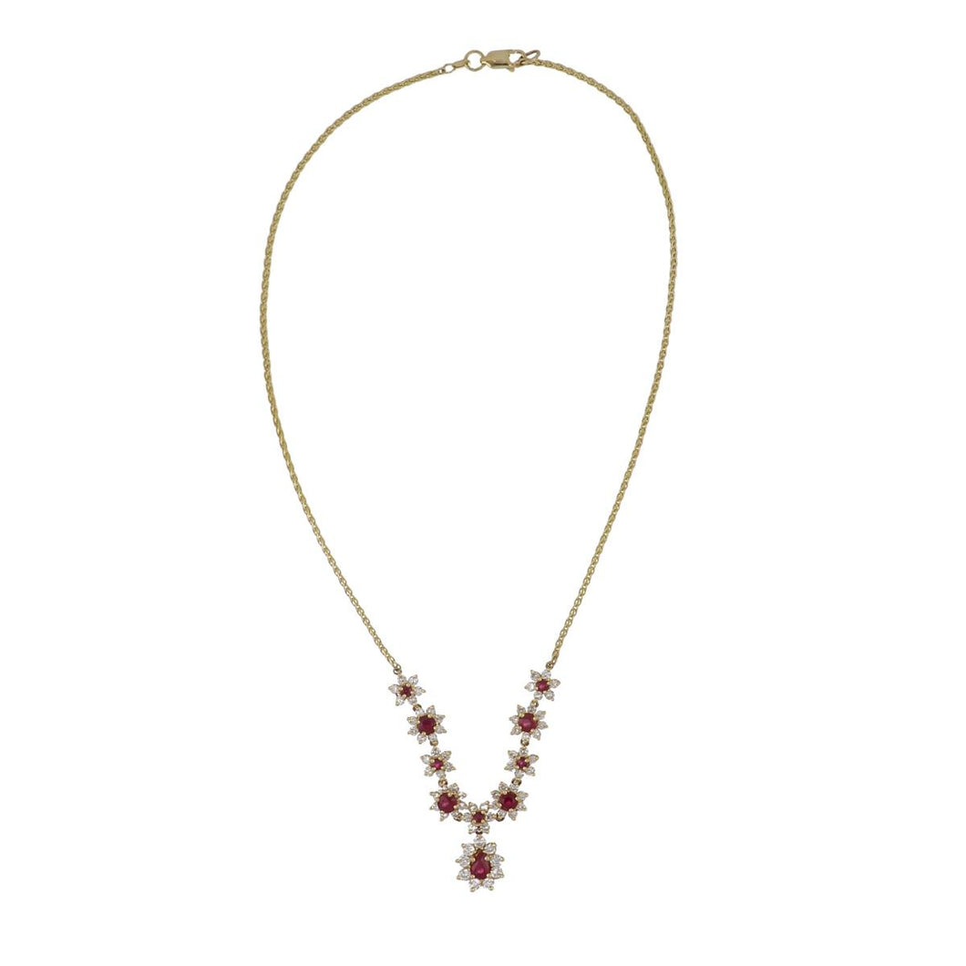 Vintage 14K Gold Ruby and Diamond Cluster Necklace