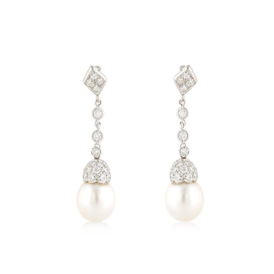 Estate Platinum and 18K White Gold Cultured Pearl Diamond Earrings