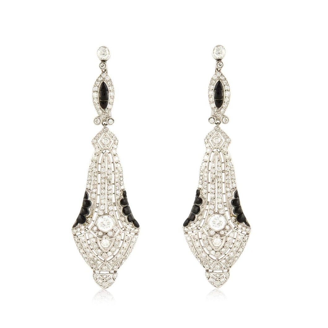 Platinum Diamond and Onyx Drop Earrings