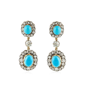 Victorian Turquoise and Diamond Cluster Drop Earrings
