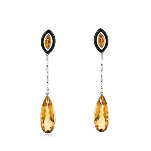 Estate 18K White Gold Citrine, Diamond and Onyx Long Earrings