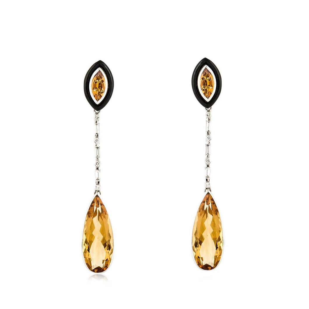 Estate 18K White Gold Citrine, Diamond and Onyx Long Earrings