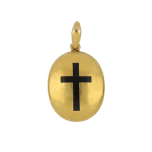 French Victorian 18K Gold Locket with Black Enamel Cross