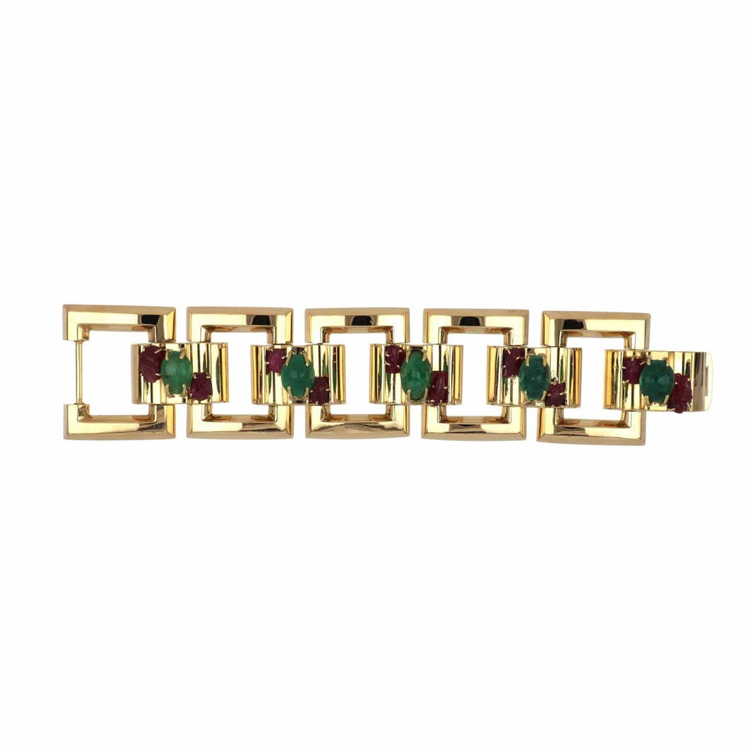 Retro Emerald and Ruby 14K Gold Square Link Bracelet