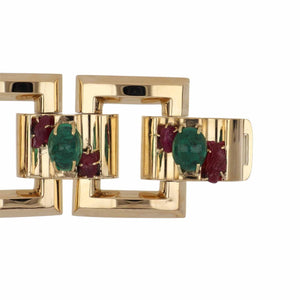 Retro Emerald and Ruby 14K Gold Square Link Bracelet