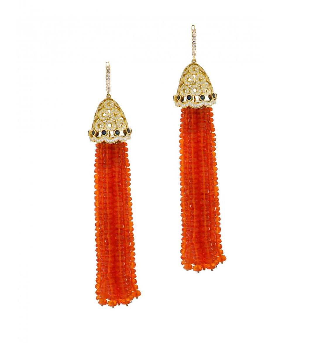 Estate 18K Gold Fire Opal, Sapphire, and Diamond Tassel Earrings